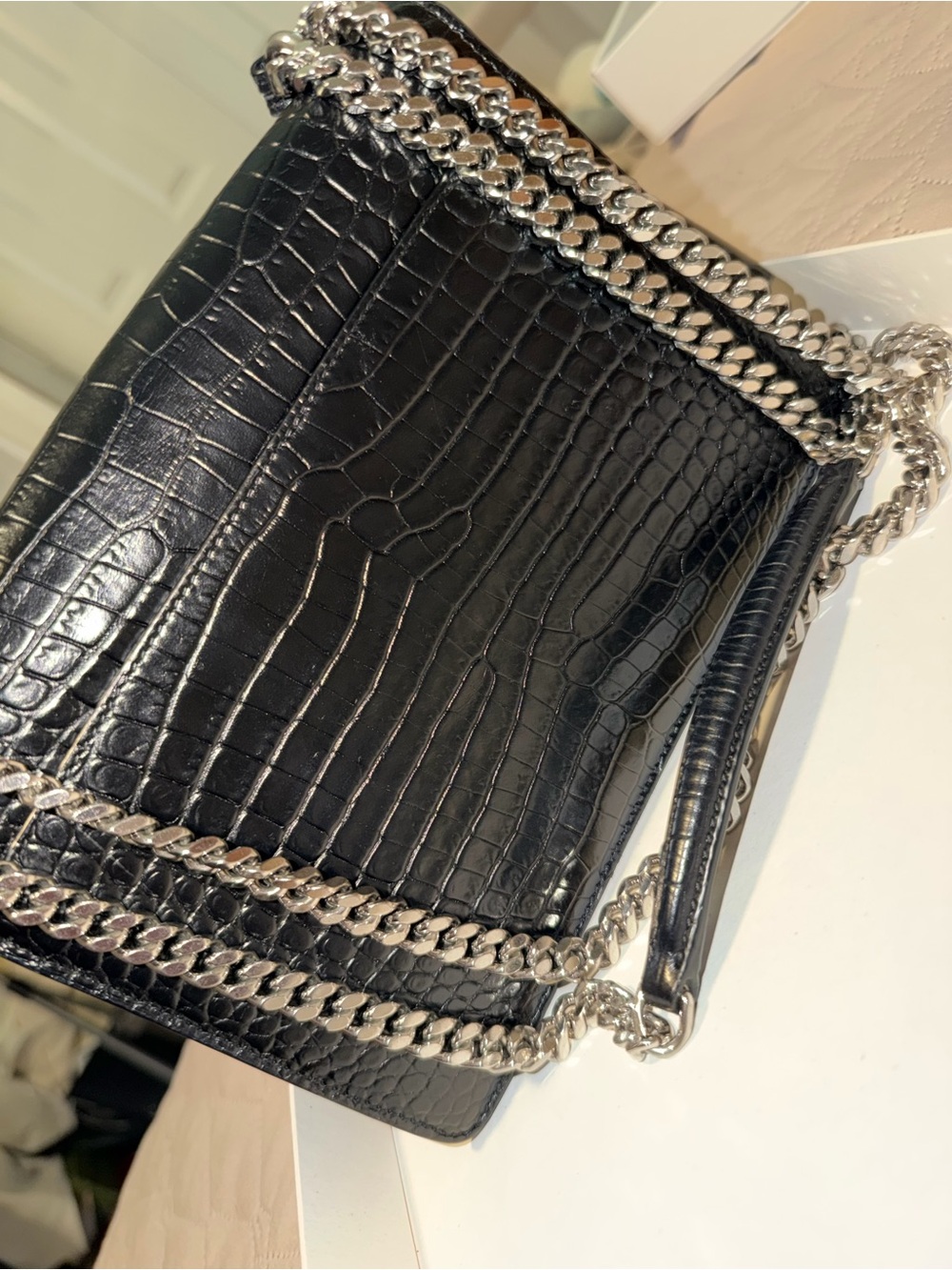 Saint Laurent Sunset Black Croc-Embossed Shoulder Bag with Silver Chain - Picture 8 of 9